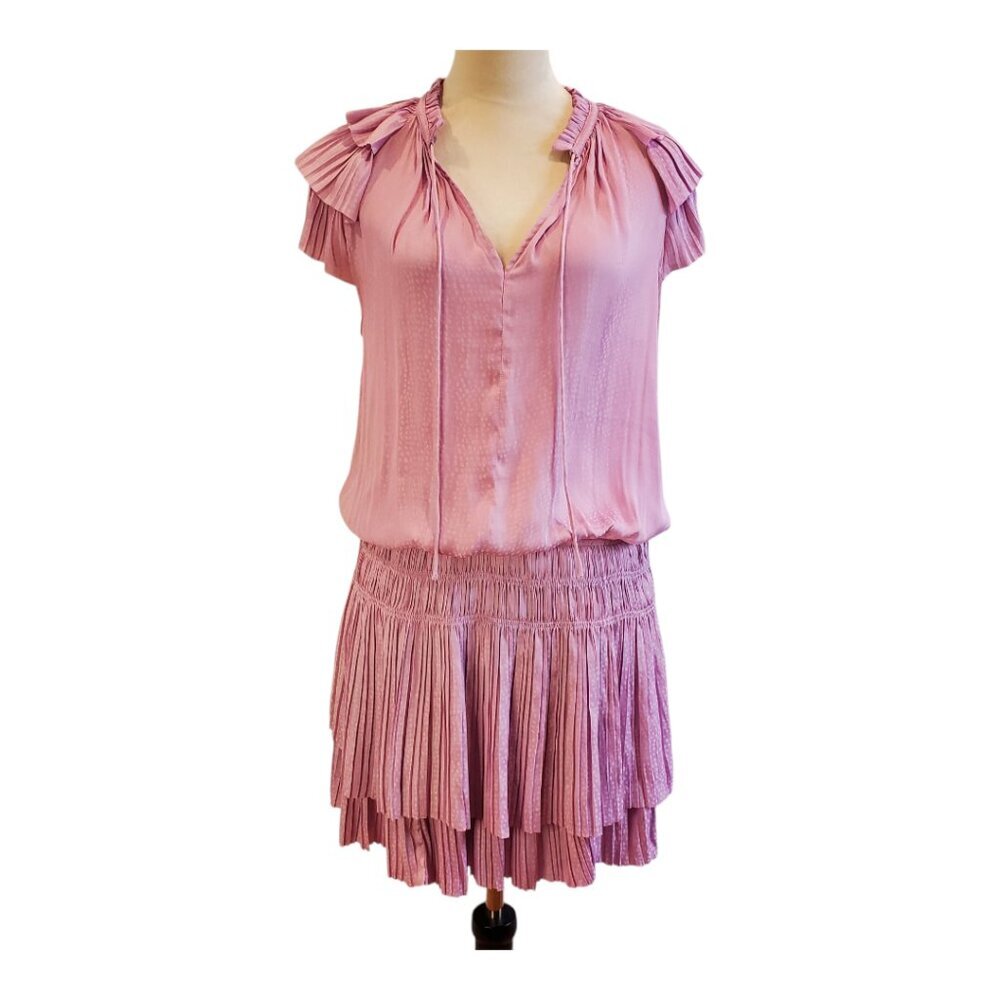 PANTS STORE Pleated Ruffled Dress Layered Spotted Pink/Lavender Mini Dress